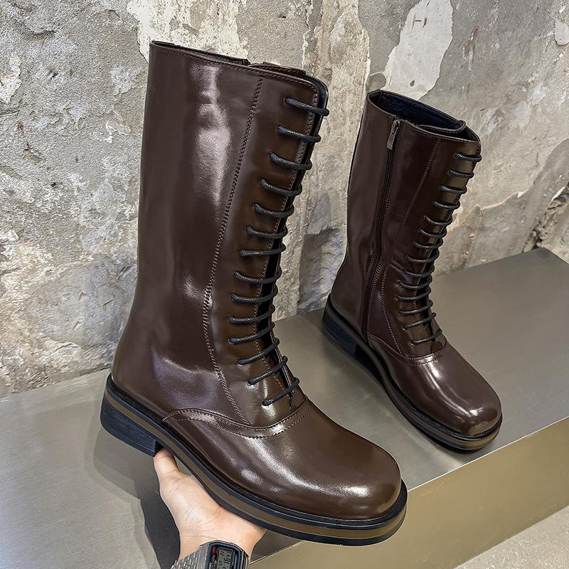 Men Fashion Stage Nigthclub High Knight Boots Lace-up Original Leather Shoes Cowboy Platform Boot Cool Long Motorcycle Botas Man