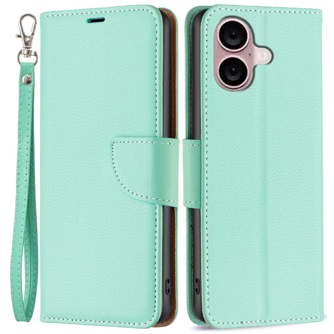 

For iPhone 16 Plus Case Litchi Texture Leather Wallet Support Stand Phone Cover Green