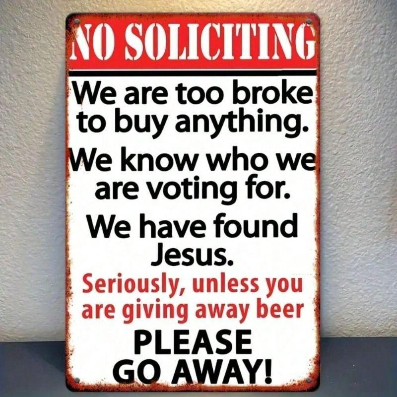 Funny No Soliciting Sign Vintage Rustic Metal Wall Poster for Porch