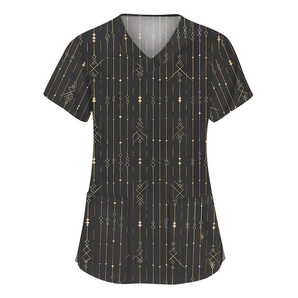 Women's Fashion V-neck Short Sleeve Workwear With Pockets Printed Tops