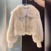 Women's Beige Faux Fur Cropped Jacket Lapel Collar Knit Cuff Winter Coat