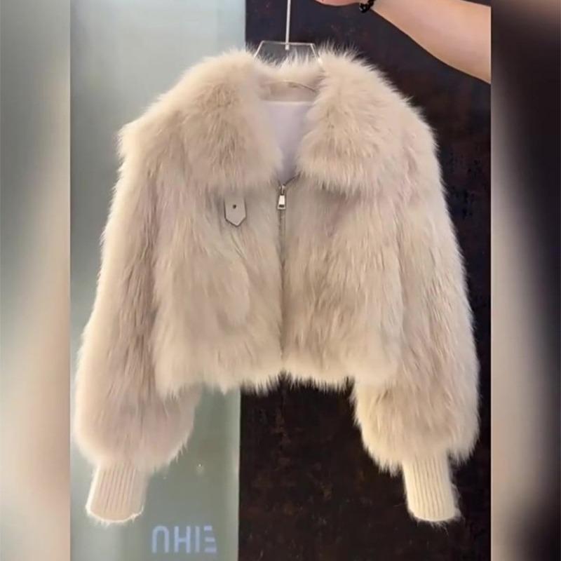 Women's Beige Faux Fur Cropped Jacket Lapel Collar Knit Cuff Winter Coat