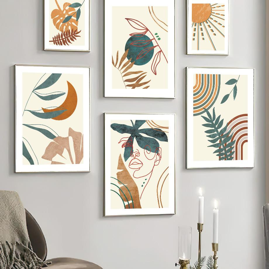 

Радужный лист, растение, девушка, линия, геометрическая настенная живопись, постер и принт, настенная картина для гостиной