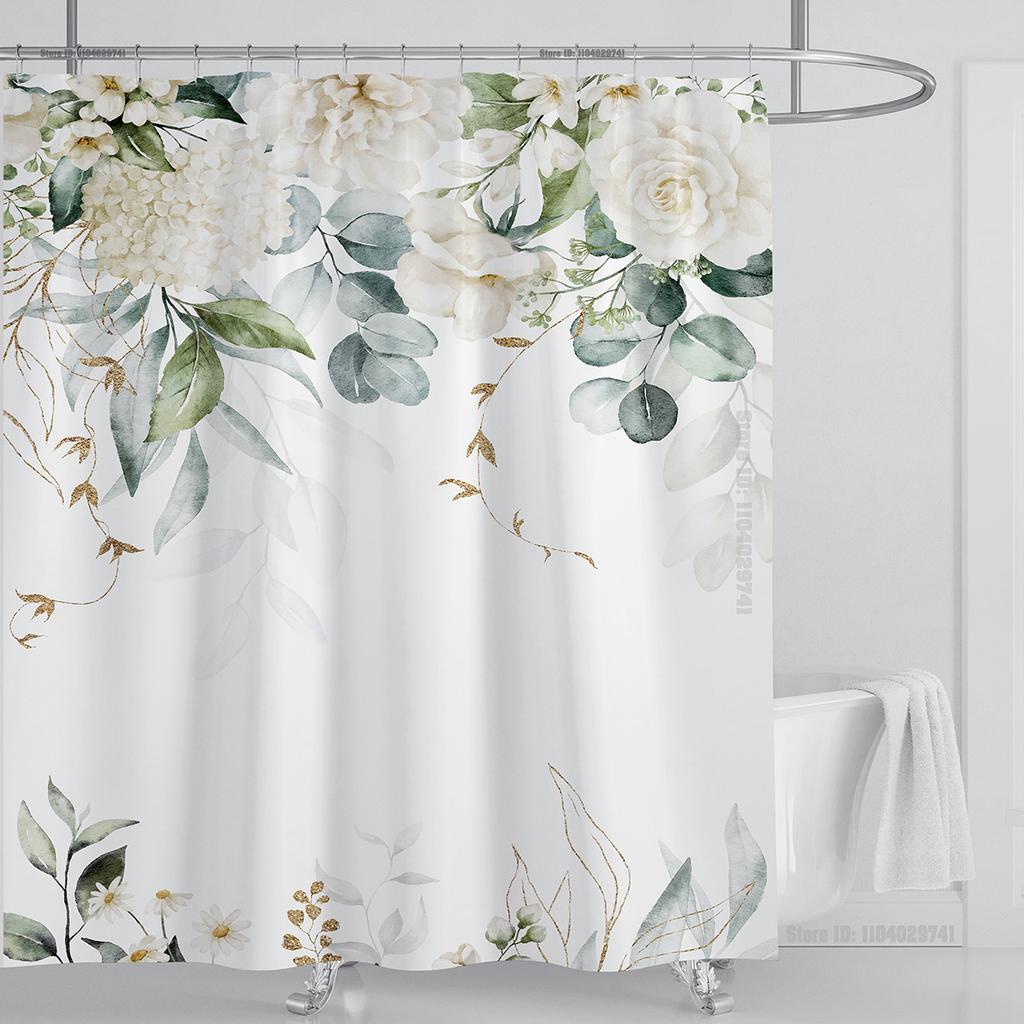Watercolor Leaves on The Top Plant with Floral Bathroom Greenery Leaf Decoration Watercolor Botanical Shower Curtain with Hooks