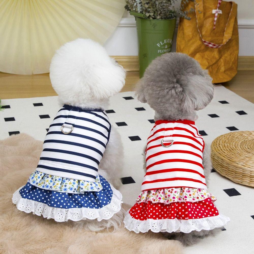 Breathable Striped Dog Dress Soft Cat Vest Harness Comfortable Pet Princess Lace Skirt  Spring