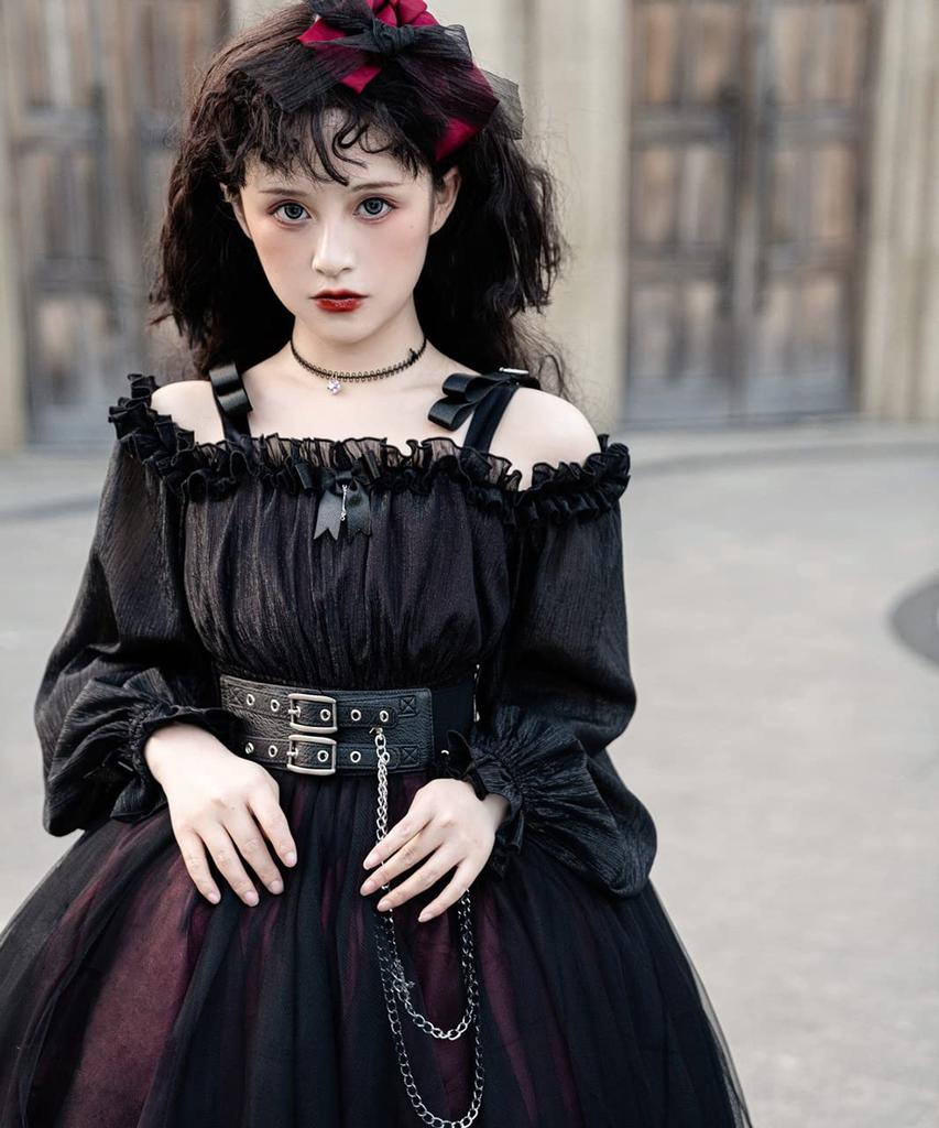 Milky Time Gothic Lolita Dress, Black and Red, with Chiffon Chains, Cosplay Costume for Women (Small, Red)