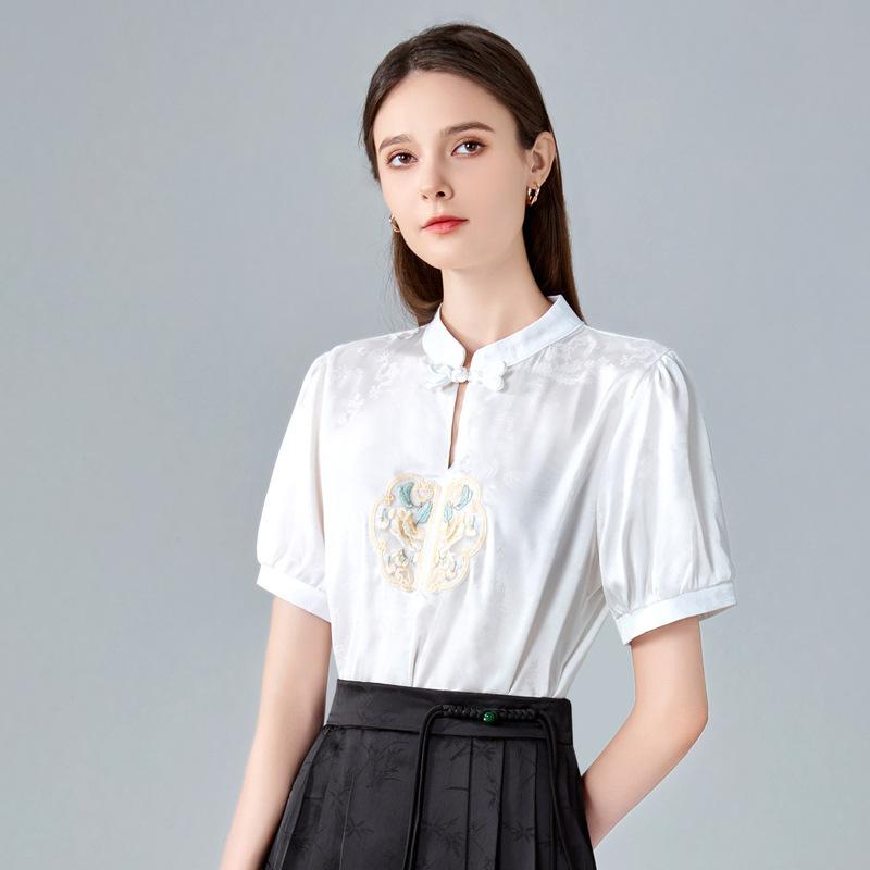 Chinese Style Short-sleeved Shirt for Women New Women's Stand-up Collar Embroidered Chiffon Shirt New Chinese Top