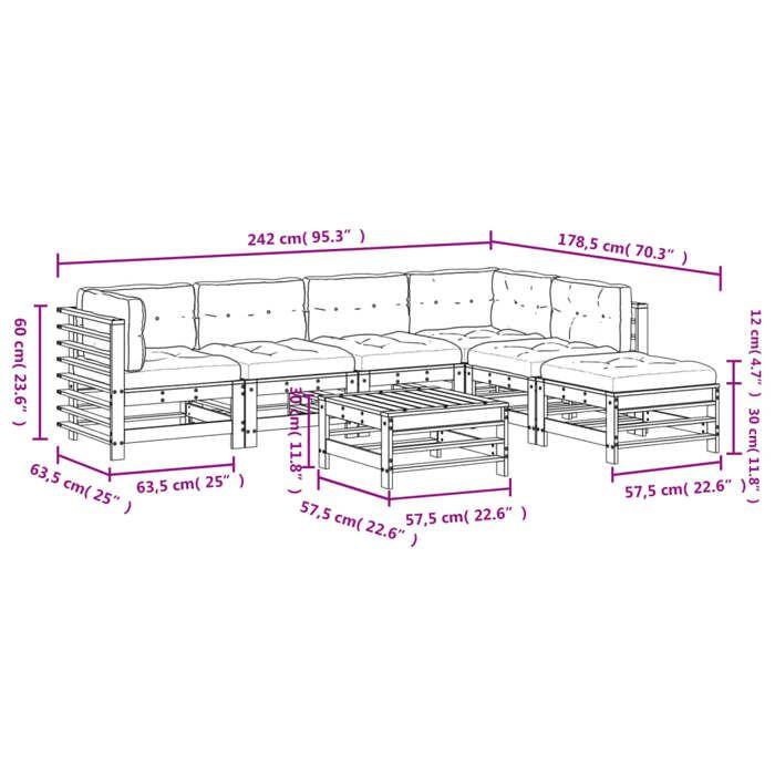 VidaXL Salon de Jardin avec Coussins 7 pcs, Canapés avec Dossier et Accoudoir, Ensemble de Meubles avec Table Basse Patio 3185978