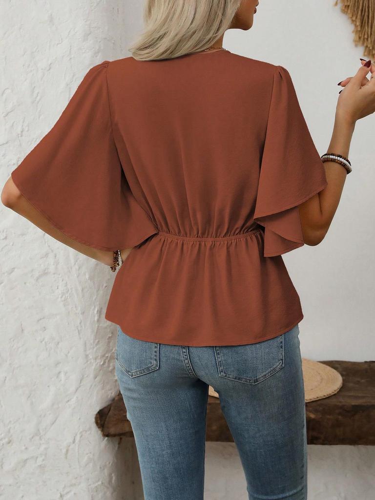 2026 European Style V-neck Waist-cinching Women's Short-sleeved Top