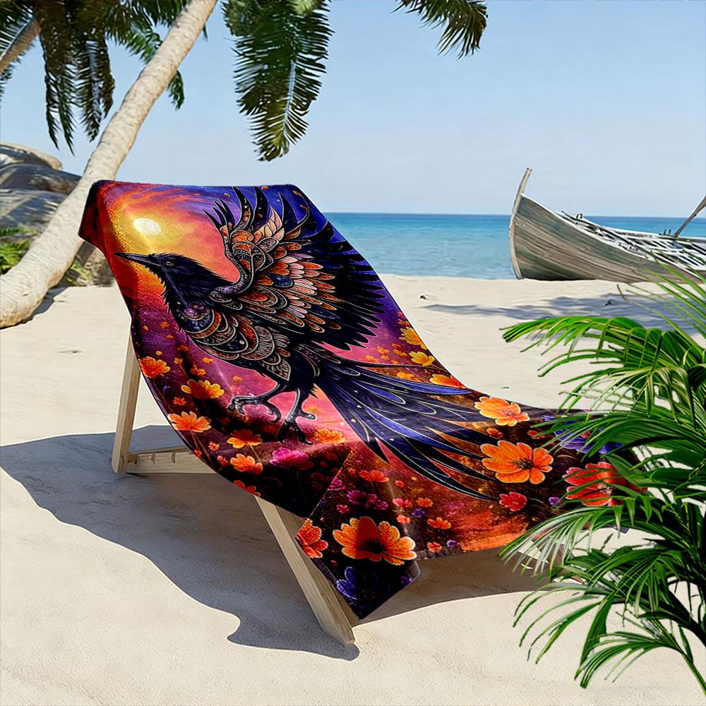 Ethereal Raven Amidst Blossoms Print Beach Towel, Quick Drying, Suitable for Travel, Outdoor Sports, Jogging, the Beach and Swimming, Gift