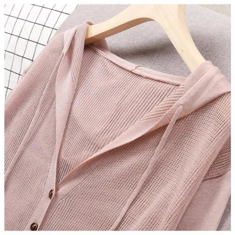 Summer Short Knitted Cardigan Coat Women's Hooded Ladies Solid Color Button Sun Protection Thin Outdoor Outwear