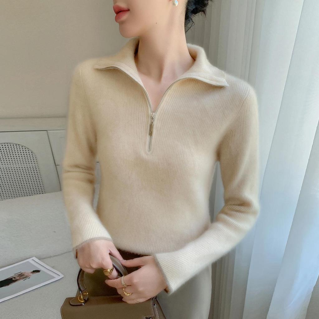 2025 A/W Women's Ribbed Cashmere Half-Zip Stand Collar Sweater