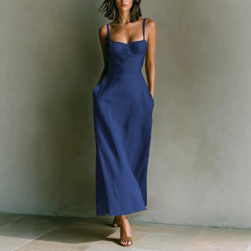 Summer European and American new product temperament waist solid color suspender dress