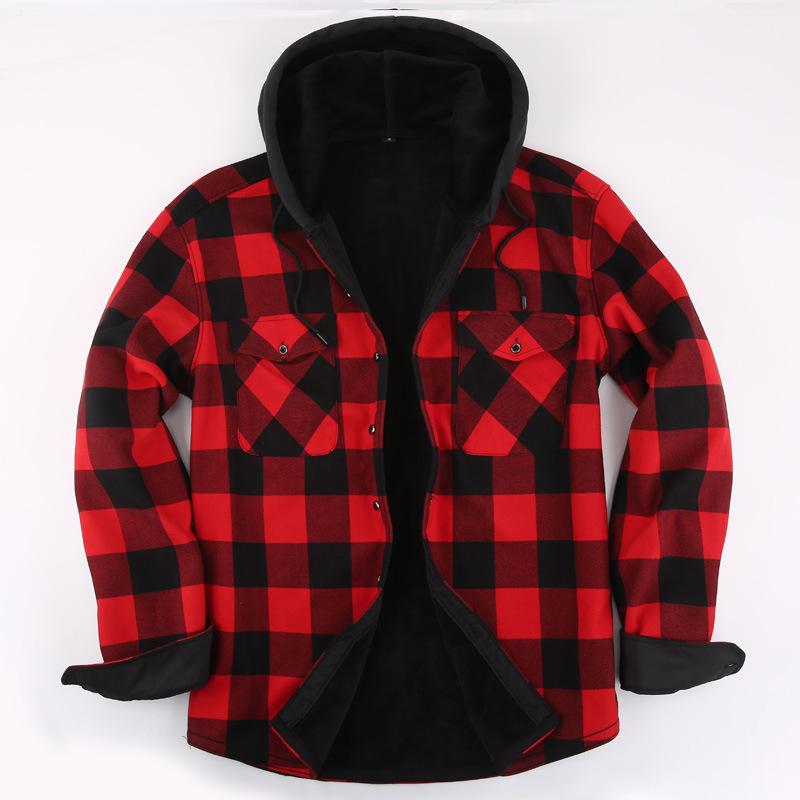 Men’s Plus Size Fleece Lined Plaid Hooded Shirt Jacket