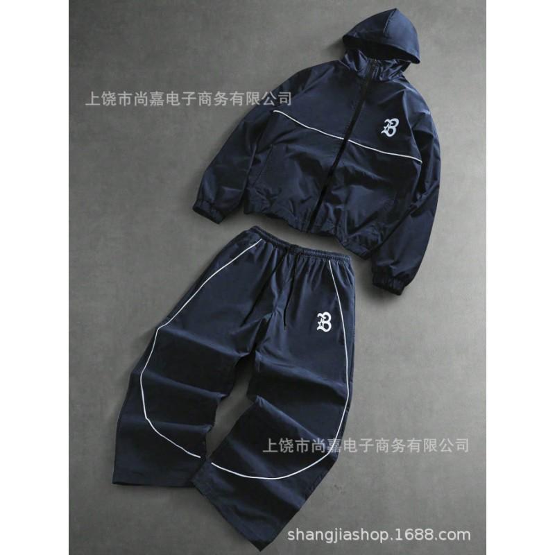 Mens Hooded Zip-Up Letter Print Tracksuit Set Casual Sportswear Lightweight Air Layer Fabric Fall