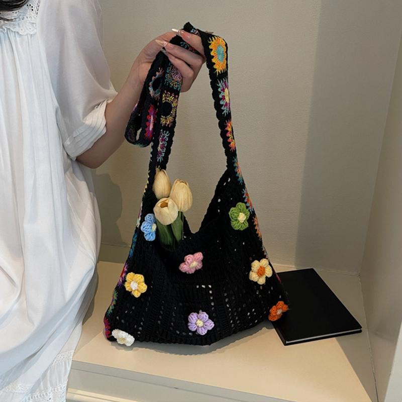 Large Capacity Boho Tote Bag Trendy Floral Crochet Handbag Vintage Multicolor Cut-out Knitted Handbag able Hollow out