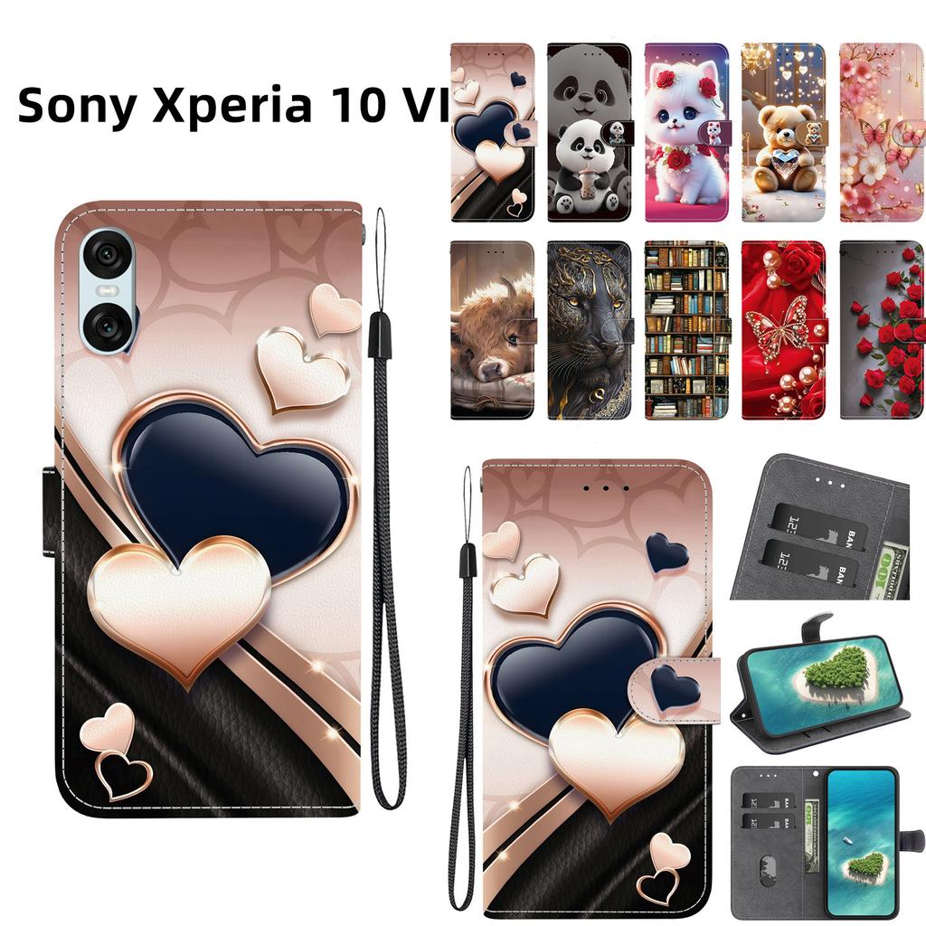 Handgefertigte PU-Leder-Flip-Hülle für Sony Xperia 10 VI Rutschfeste Stoßfeste Hülle mit Handschlaufe & Herz/Rose Katze Designs