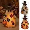 Artigianato Stagionale in Stile Rustico Statuetta Fantasma in Resina Patchwork Illuminata con Lanterna Zucca, Statuette Rustiche Halloween Retro Lampada da Tavolo, Vintage