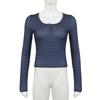 Striped Scoop Neck Slim-fitting T-shirt Women Casual Long Sleeves Button Crop Pullover Sexy Versatile Bottoming Top