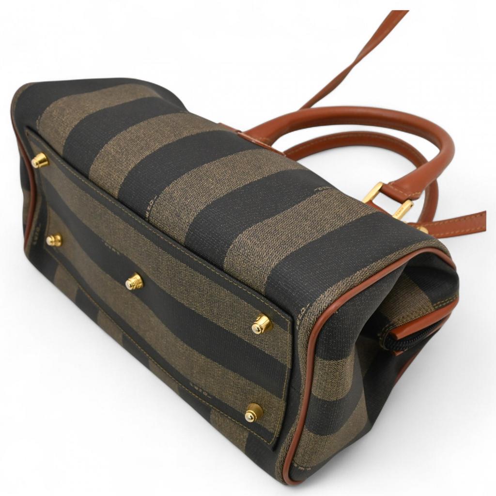 Auth FENDI Pecan Stripe Boston Bag 2Way Brown PVC Canvas Women’s Fe8833ss