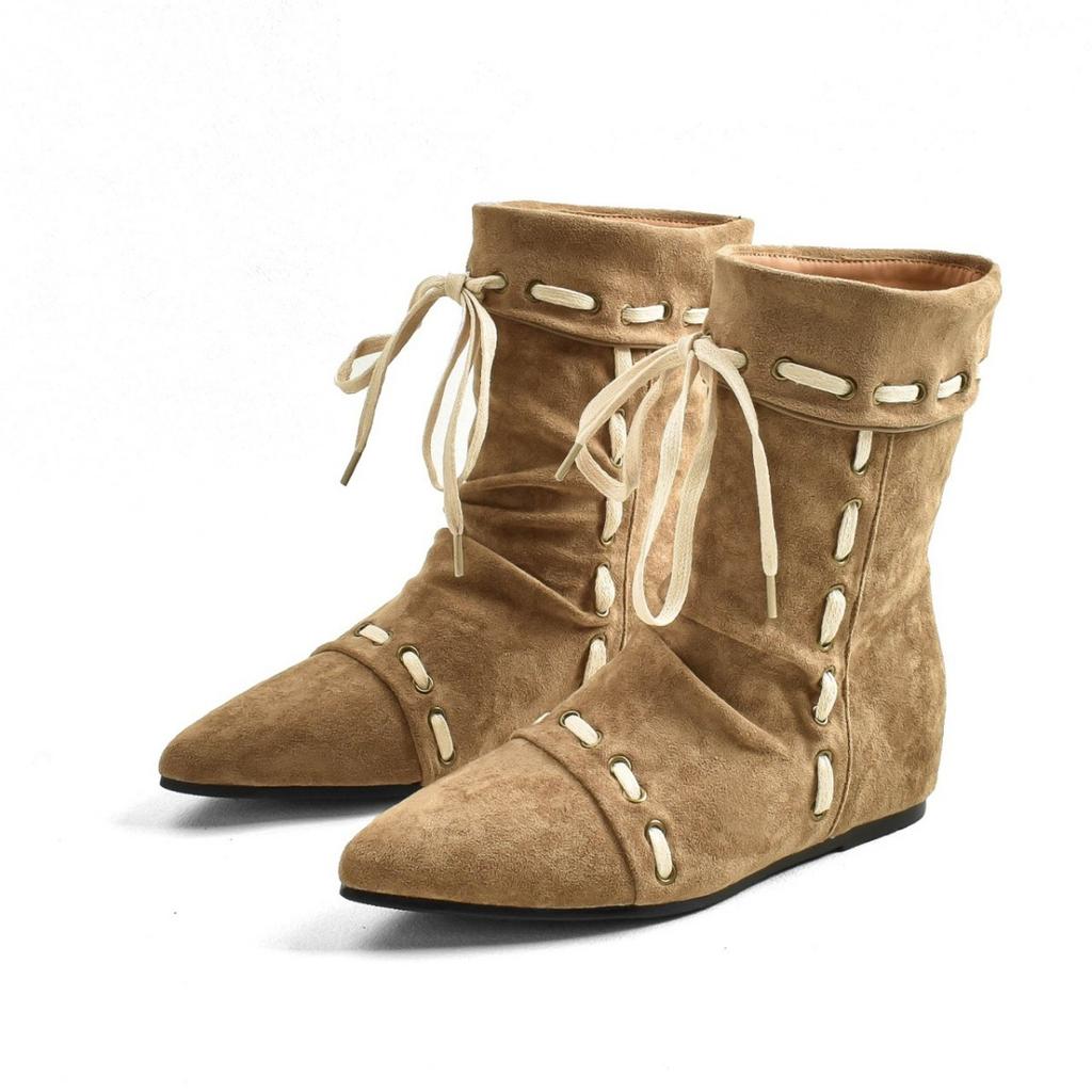 Sheepskin version retro pointed pleated lace-up stacking boots women's autumn and winter versatile commuter fashion boots inner height-increasing sho