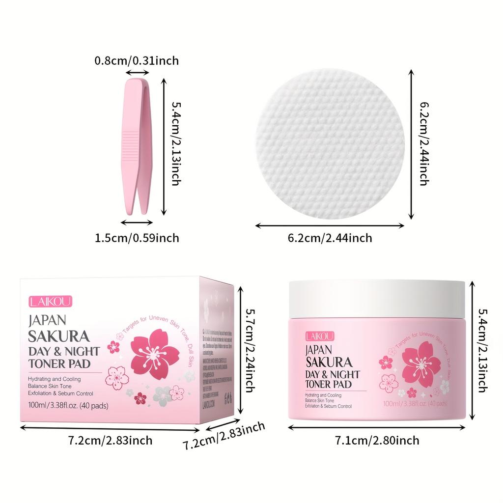 LAIKOU Sakura Toner Pads 40pcs, Daily Cleansing Toner for All Light Beige Types 100ml, Pre-Makeup Toner Pads, Deep Moisturizing, with Tweezers