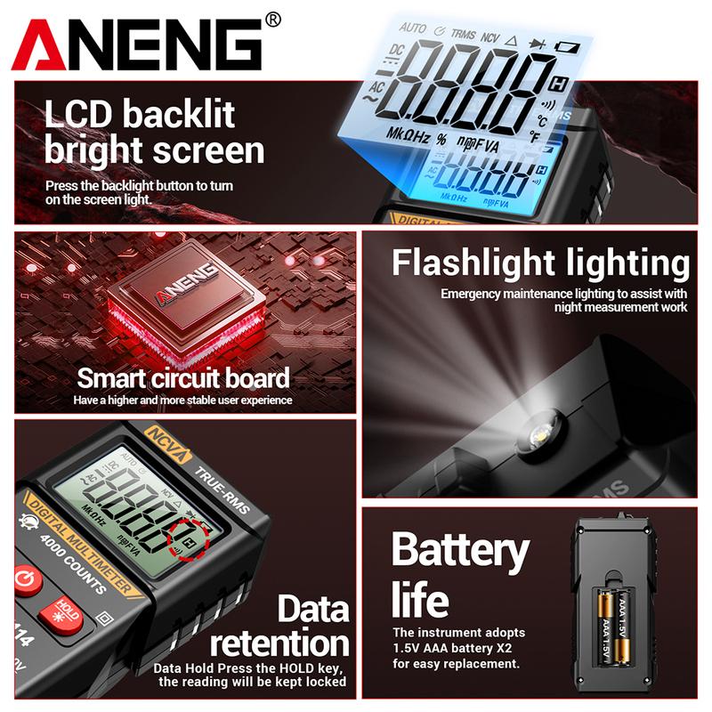 ANENG M114 Smart Multimeter 600V AC/DC Voltmeter 4000 Counts NCV Resistance Tester with Buzzer Data Hold Auto Shutdown