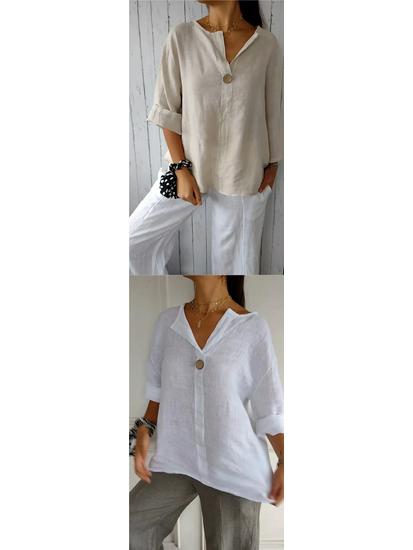 2026 Women's European & American V-neck Cotton Linen Button-up Loose T-shirt