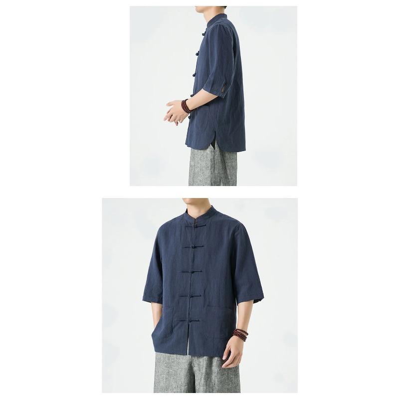 Chinese Style Mens Linen Summer Shirt Retro Stand Collar Half Sleeve Chinese Kong Fu Suit Men Hanfu