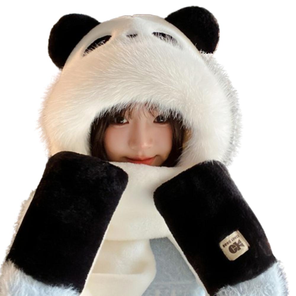 Panda Capybara Hat Scarf Set 3 in 1 Cartoon Plush Hat Earmuff Scarf Hat Glove for Women  Lady