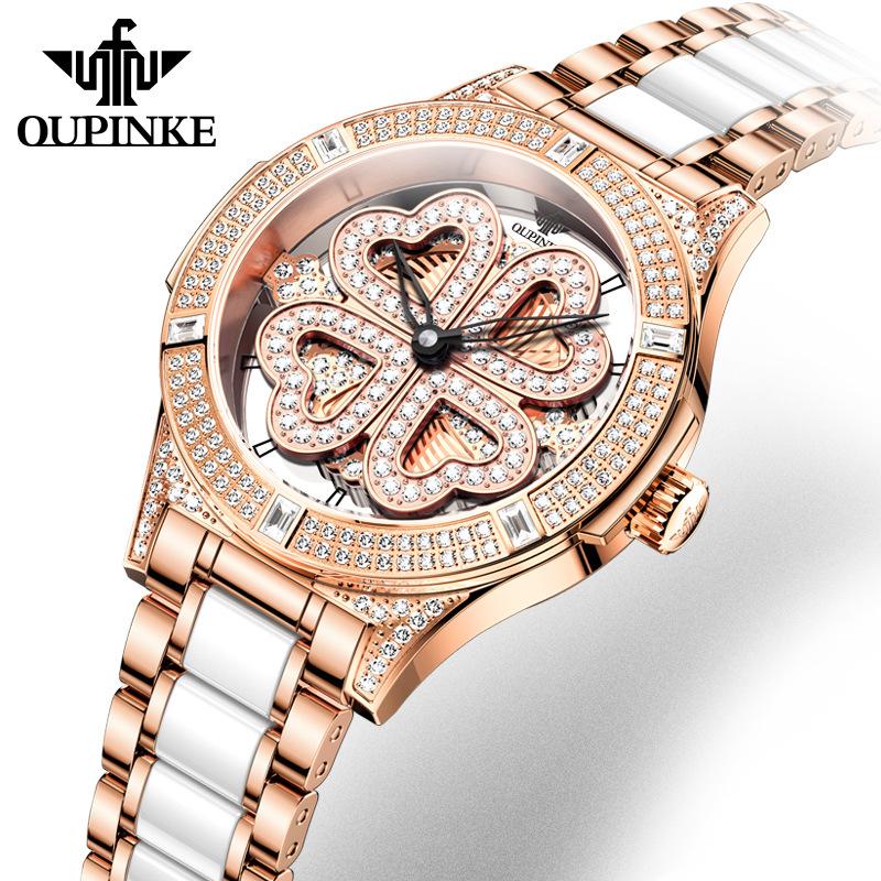 OUPINKE Women's Watch Four-leaf Clover Rotating Dial Automatic Mechanical Watch for Ladies and Women
