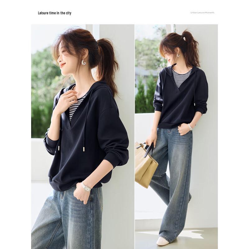 Women's Casual Spliced Striped Hooded Sweatshirt