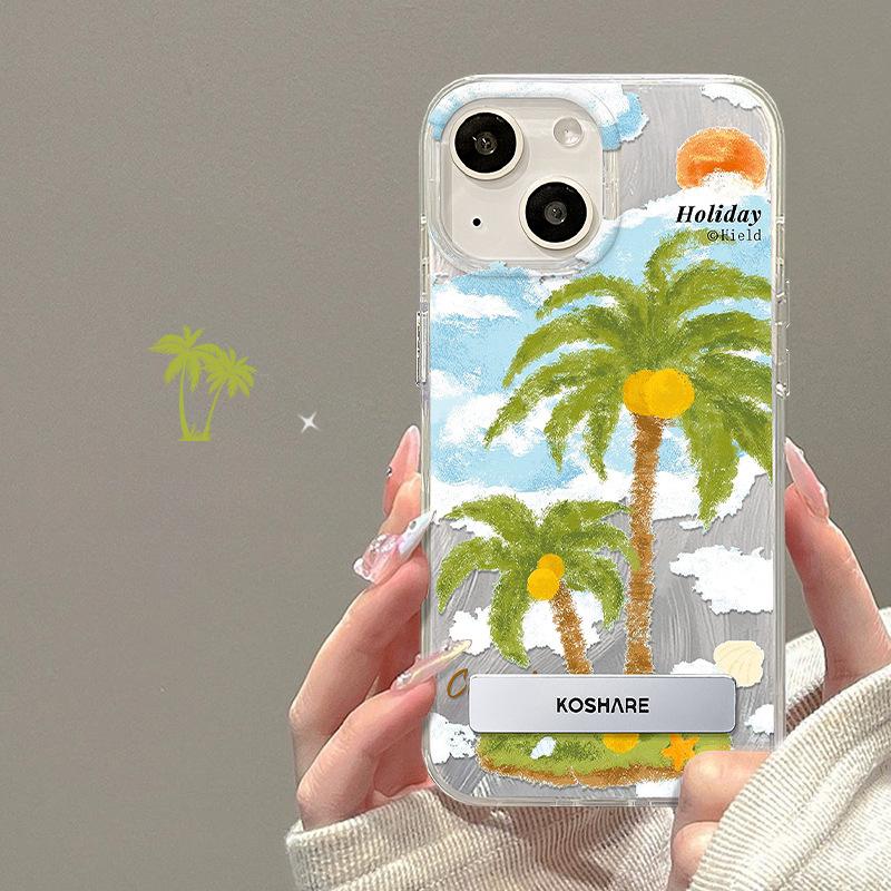 Applicable To Apple 15 Mobile Phone Case Iphone14pro Oil Painting Coconut Tree Invisible Bracket 13 Feather Yarn 12 Summer 7/8