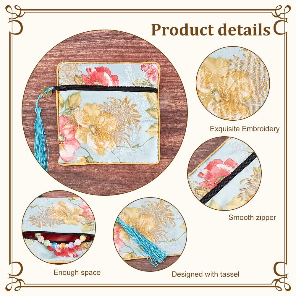 PandaHall 10 Cores Bolsa Estreita para Joias, Mini Bolsa Plana, Bolsa de Armazenamento de Acessórios, Estilo Chinês com Borla, Design de Flores, 11,5 cm, Perfeita para