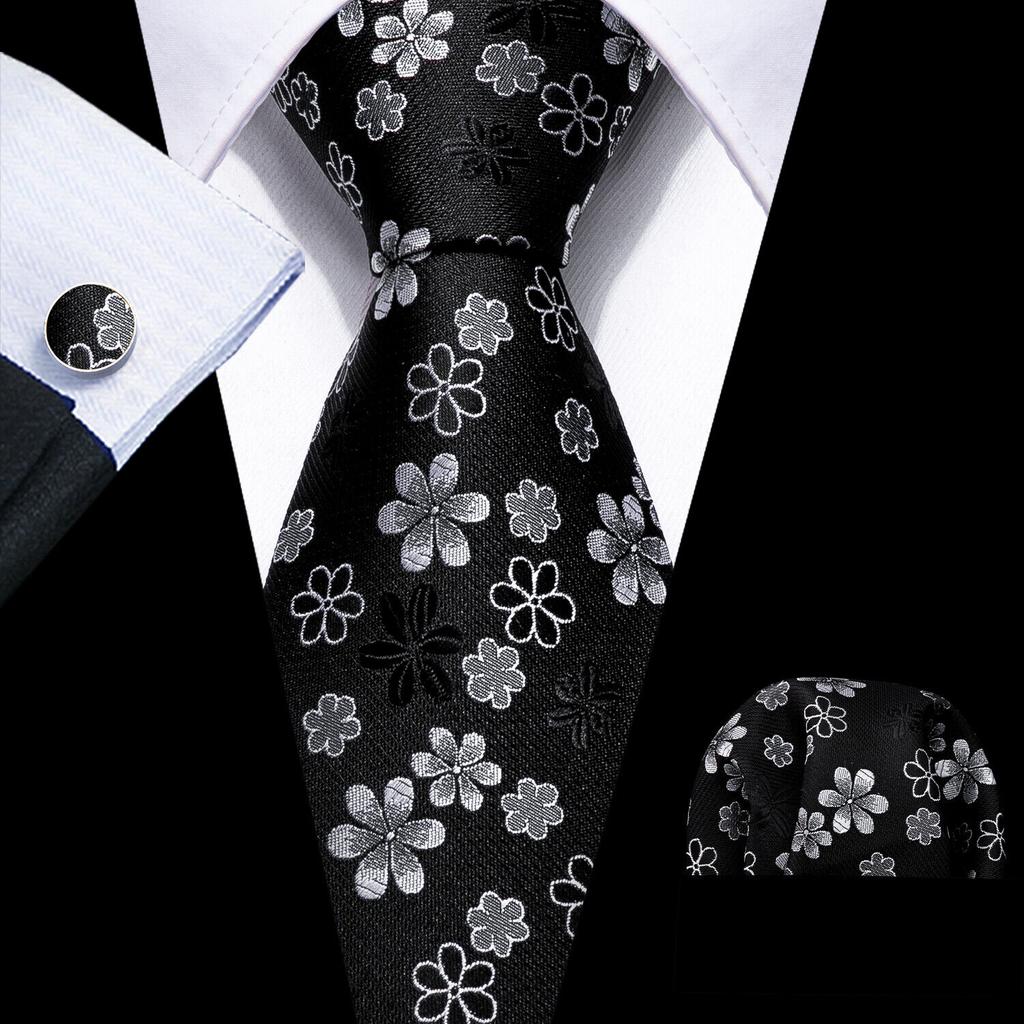 Barry.Wang Floral Ties for Men Woven Paisley Wedding Necktie Handkerchief Cufflinks Formal Casual Set