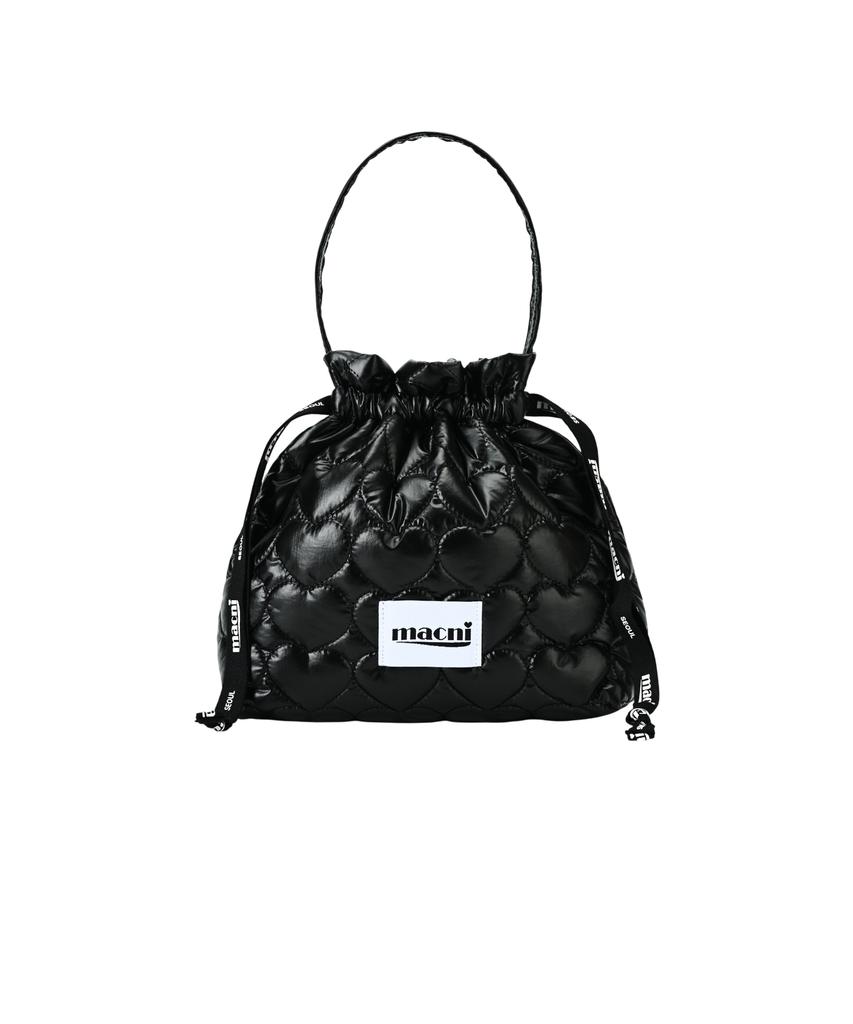 Macni Heart Quilting String Pouch Bag Black