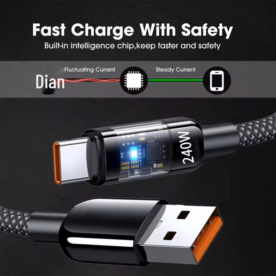 Transparent 240W Type-C Fast Charging Cable for Huawei Honor - 6A Compatibility