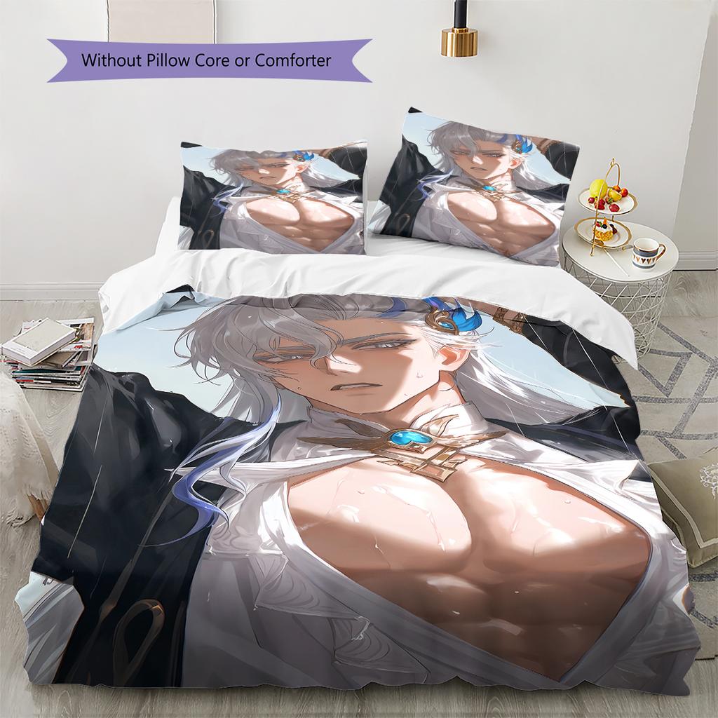 Ropa de Cama con Patrón de Genshin, Juego de Colcha Funda de Colcha Funda de Almohada Regalo de Cumpleaños para el Hogar (1 * funda nórdica + 2 * fundas de almohada, sin núcleo)