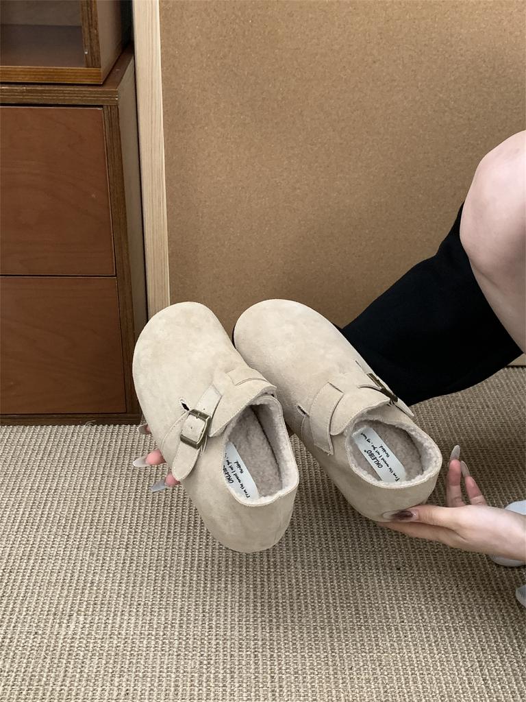 5CM inner height increase for small people~ Birkenstock shoes women's thick-soled half-drag velvet autumn and winter cotton shoes new bag head cowhide