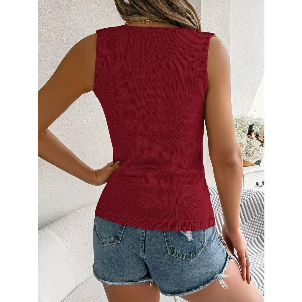 GMXIA Summer Solid Color Button V-neck Cuffed Sleeveless Top Vacation Knitted Sweater Women's Wear