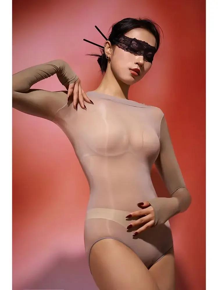 Enticing Sparkling Shiny Bosom No Seam Bodystocking Full Sleeve Part Beach Wear Jumpsuit Transparent Leggings Steamy Body Teddies Night Out Wear