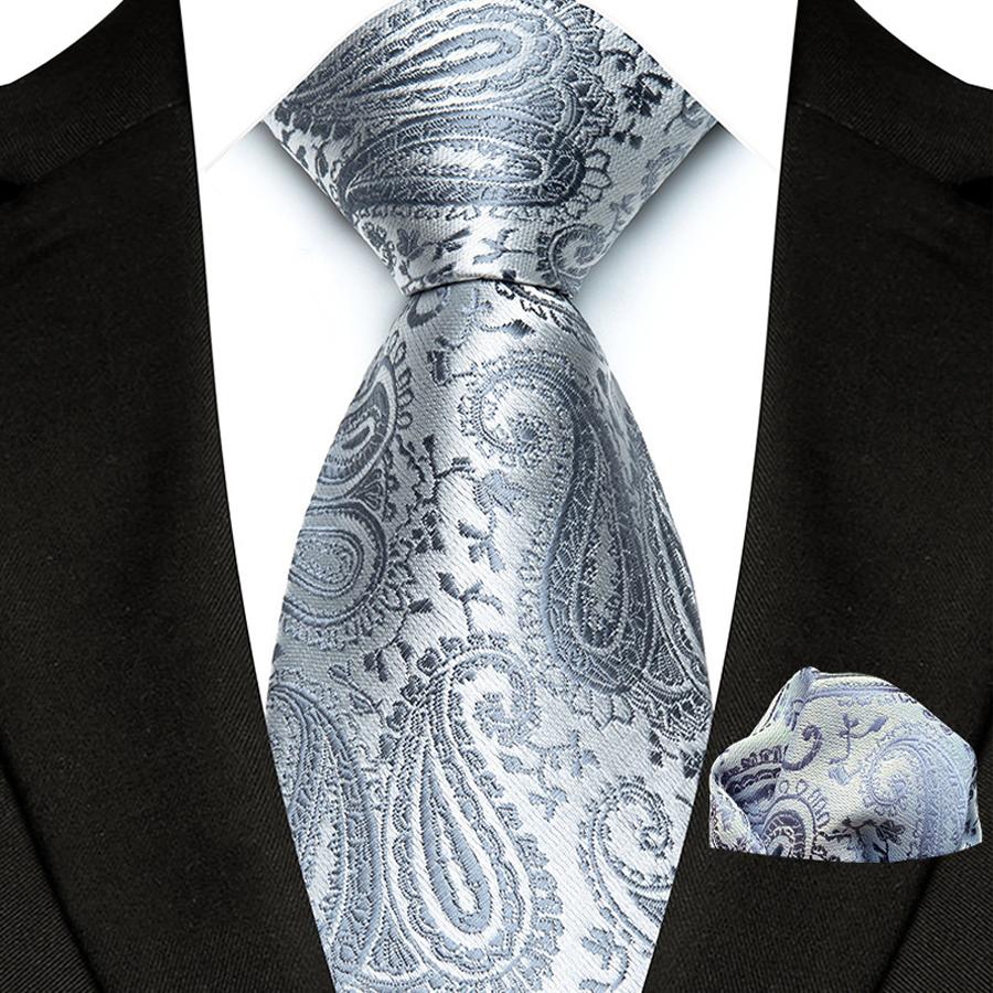 Silber Paisley Blumenstreifen Uni Herren Krawatten Hochzeitszubehör Krawatten Set Taschentuch Krawatte Geschenk für Männer Business Party white