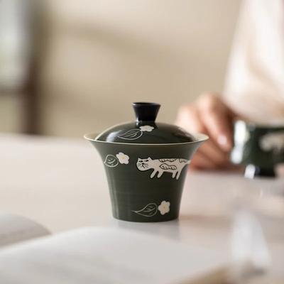 125ml Puder Yin Olivgrün Handbemalt Glückskatze Gaiwan Zen Teekanne Teeschale mit Deckel Set Teezubereitung Deckelschale Teeset
