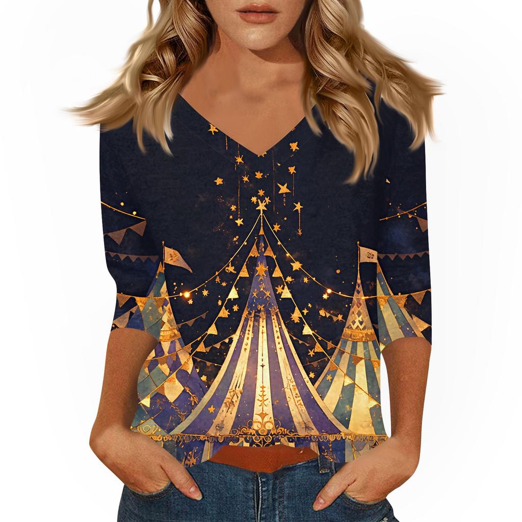 Women's T Shirt Print 3/4 Sleeve Daily Weekend Fashion Basic V- Neck Regular Top