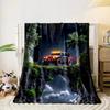 A jeep with glowing lights on a rocky bridge, surrounded by palm trees. for all seasons blanket lunch break throw gift