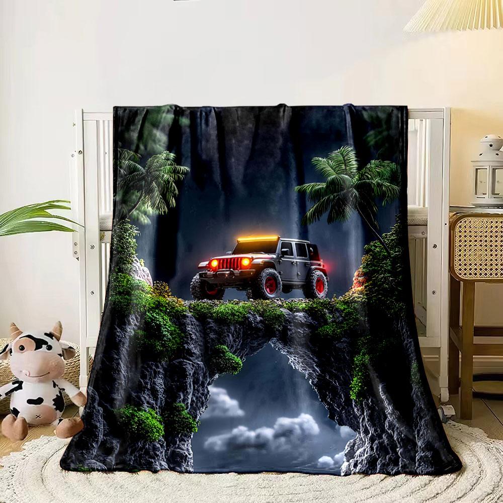 A jeep with glowing lights on a rocky bridge, surrounded by palm trees. for all seasons blanket lunch break throw gift