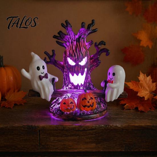 Cute Ghost Seesaw Figurine for Halloween Animated Light, USB Powered 3D Night LED Lightweight Ornament Lamp with Spooky Tree And Pumpkin Design, Decor
