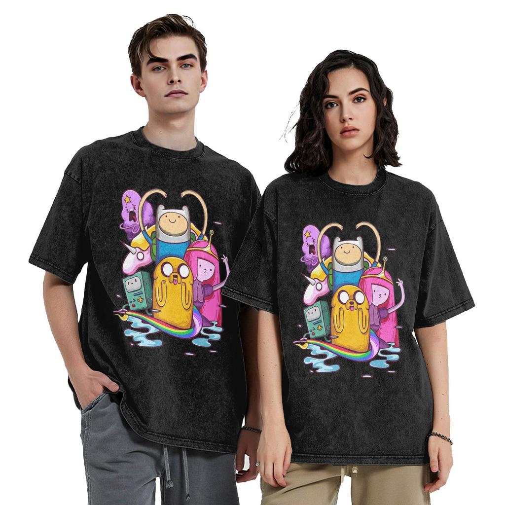 Adventure Time Animated Television Men's T Shirts Washed Tees Short Sleeve Round Collar T-Shirts Cotton Birthday Gift Tops