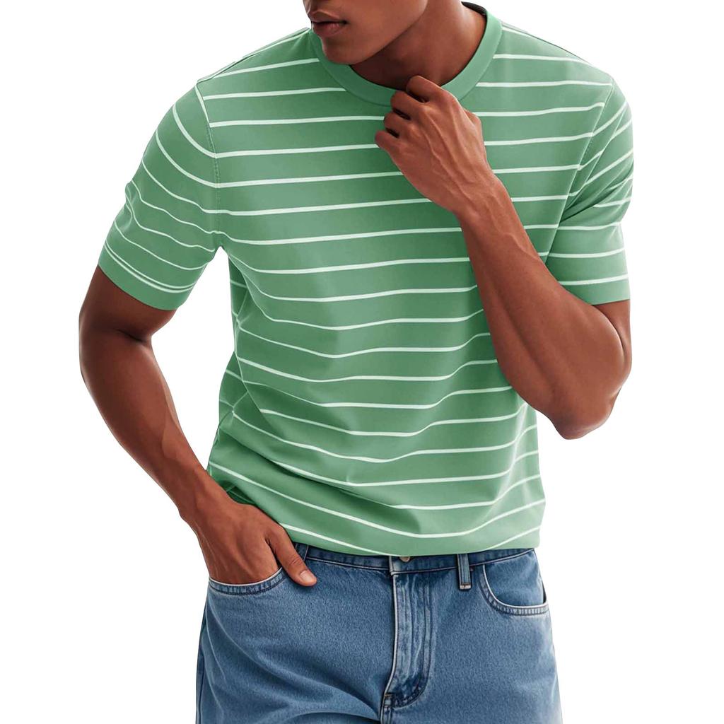 Men's Fashionable Casual Stripe Print Round Neck Short Sleeve T-Shirt Top
