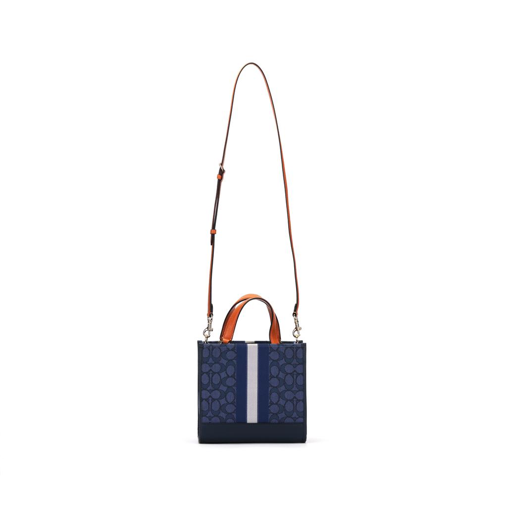 Coach Dempsey 22 Monogram Stripe Logo Accent Fabric And Leather Tote Bag Women Tote Bags Denim-Blue Hazelnut CQ878-IMXCY